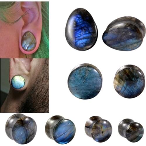 2PCS Natural Labradorite Stone WaterDrop Double Solid Flared Plug Round Ear Gauge Oval Ear Expander Body Piercing Jewelry