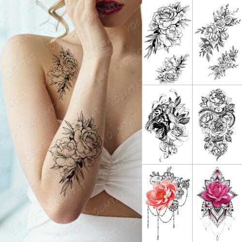 Waterproof Temporary Tattoo Sticker Flower Lace Peony Rose Sketches Flash Tattoos Black Henna Body Art Arm Fake Tatoo Women Men
