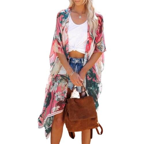 Xingqing New Floral Print Bikini Cover Ups Women Short Sleeve Side Split See Through Cardigan for Summer Cover-Ups