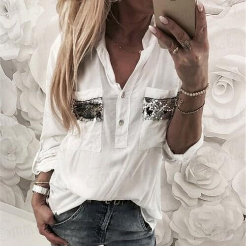 Spring Autumn Fashion White Blouse Women Tops Sequined Long Sleeve Shirt with Button Lady Casual Streetwear Blusas