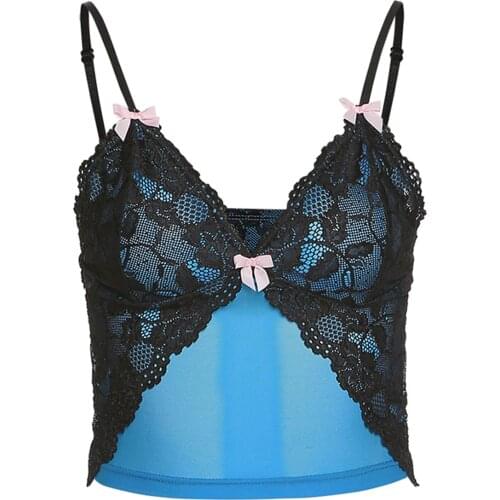 Women Sexy Lace Camisole Blue Hem Deep V-neck Sleeveless Sexy Ribbed Patchwork Crop Top Female Chic Tank Tops Streetwear