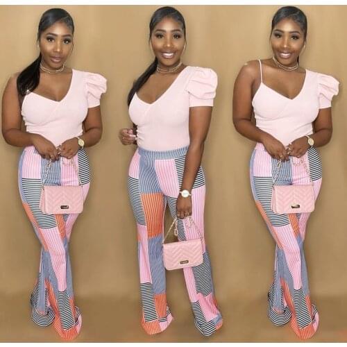 Vintage Style Two Piece Tracksuit Womens Set Asymmetrical Spaghetti Strap Slim Fit Tops and Plaid Striped Print Flare Trousers