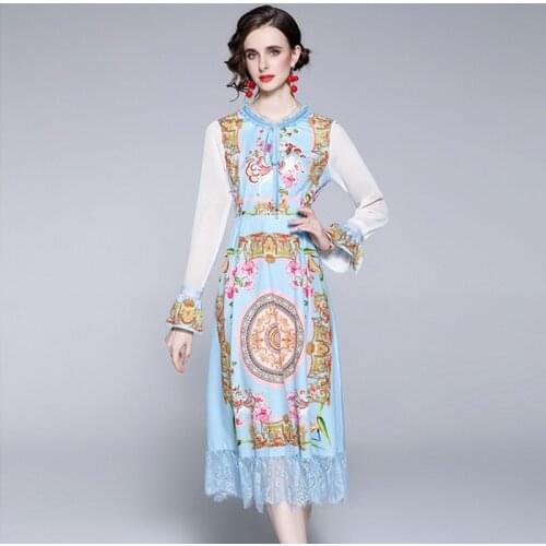 2021 summer European womens lace round neck flared sleeves fashion printing sweet casual dress