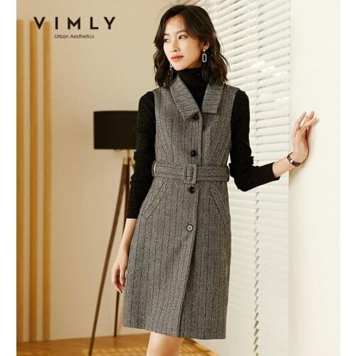 Vimly Womens Vest Dress Fashion Striped Single Breasted Pockets Wool Dresses Winter Female Vestidos Office Lady Work Wear F3665