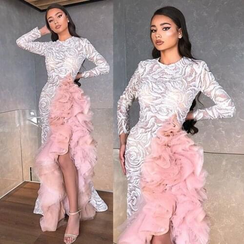 2020 Side Split Prom Gowns Ruffles Long Sleeve Flower Printed Cloth Party Dresses Beaded Lace Appliques Mermaid Evening Dresses