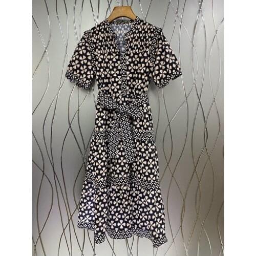 High Quality Cotton Dress 2021 Summer Fashion Clothes Women V-Neck Geometric Print Belt Deco Short Sleeve Mid-Calf Dress Vintage