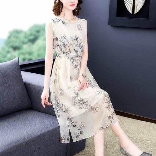 2021 Vintage Flroal Mulberry Silk Beach Midi Dress Summer 3XL Plus Size Sleeveless Sexy Dresses Women Elegant Bodycon Vestidos