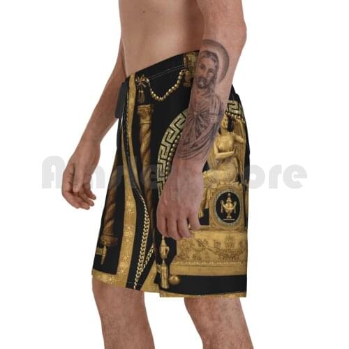 Gold Baroque Woman Figure Pattern. Baroque Embroidered Columns , Stylish Pattern Designed With Chains. Beach Shorts