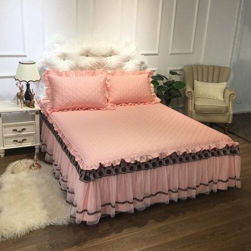 2019 new products Quilted quilt Bedspread Fitted Sheet Pillowcases Cotton 2/3pcs Solid Princess Lace Bedding