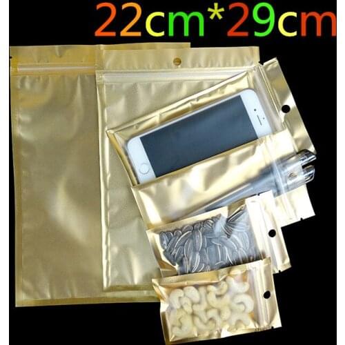 22*29cm Golden / Clear Self Sealed Zipper Plastic Retail Pack Package Packaging Bag, Zip Lock Bag Retail Packing With Hang Hole
