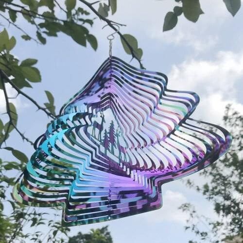 3D Flowing-Light Effect Rotary Wind Chime Christmas Tree Shape Wind Spinner Hanging Ornaments Garden Balcony Yard Decoration