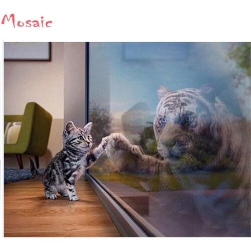 3D Diamond Painting Cross Stitch"Cat & Tiger"Rhinestone Crystal Needlework Diamond Embroidery Full Diamond Decorative