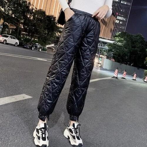Winter Casual Cotton Down Pants Women Streetwear White Artificial Down Thick Warm Trousers Ladies Elastic Waist Plus Size Pants