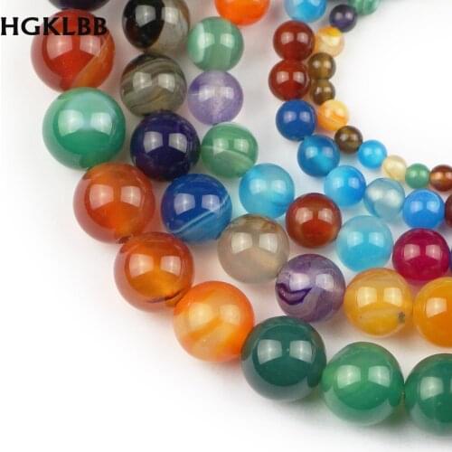 HGKLBB Natural stripes carnelian Stone beads 4/6/8/10/12MM Mixed color Round Loose Beads For Jewelry making DIY Bracelet 15"