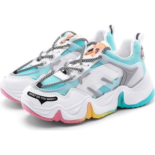 Girls Spring and Autumn Sports Shoes Breathable Rainbow Bottom 7-16 Years Old Girls Daddy Shoes Boys Mesh Sports Shoes