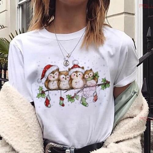 New Kawaii Santa Claus T Shirt Women Christmas Animal Printed Harajuku Short Sleeve T-shirt White Autumn and Winter Tshirt Tops