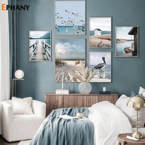Nature Sea Mew Landscape Canvas Painting Beach Beige Grass Boat Wall Art Nordic Scenery Posters and Prints for Living Room