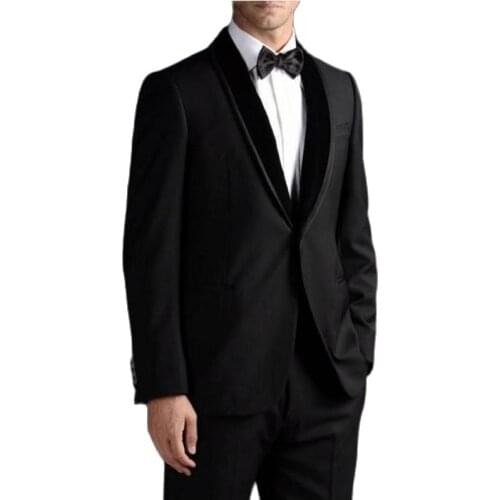Handsome Black Velvet Collar Groom Tuxedos Mens Evening Dress Toast Suits Work Business Clothes (Jacket+Pants+Bow Tie) OK:051