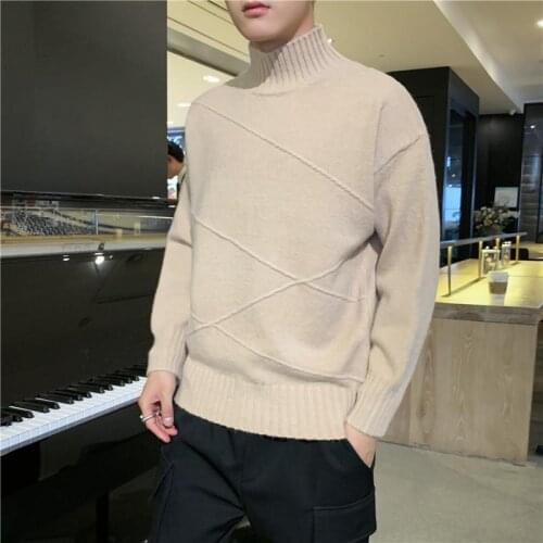 516 Spring Autumn Men Knitted Mock Neck Sweater Rib Hem Slim Fit Warm knitwear Student Fashion Urban Campus Youth Pullover Tops