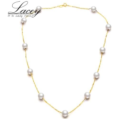 Real 18K Gold Chain Necklace Round Pearl Gypsophila Necklace For Women,Freshwater Pearl Choker Necklace Wedding Jewelry