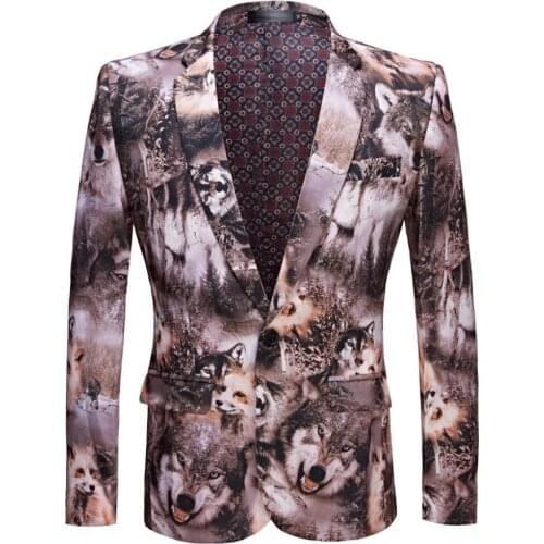 New Tide party Men Casual Blazer Print Wolves Pattern Design DJ Club Singer Costume Slim Fit Suit Jacket Coat