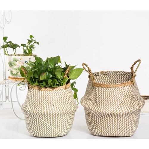 Seagrass Storage Basket Garden Plant Pots Holder Handmade Rattan Woven Flower Baskets Wicker Straw Folding Laundry Flowers Pot