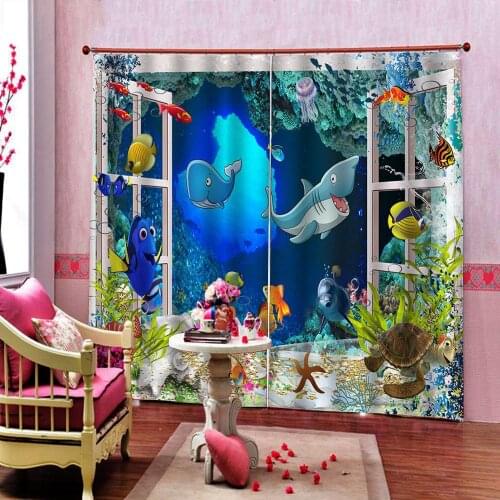 Custom 3D Curtain Cartoon underwater world Curtains For Childrens room Blackout Curtains home Indoor Decor（Left and right side