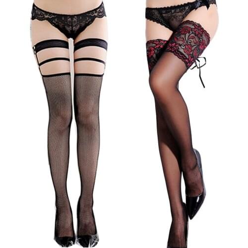 Sexy Fishnet Stockings Tights Women Female Ladies Girls Wide Lace Flower Cross Bandage Thigh High Stockings Panthyhose Long Sock