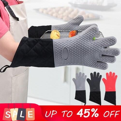 Lengthen Silicone Baking Gloves Anti-Scalding Oven Mitts Cotton Lining Microwave Gloves Non-Slip Canvas Stitching Kitchen Glove