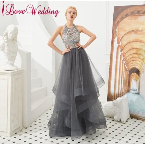 Evening Dress Sexy A Line Grey Tulle Robe de soiree Formal Dresses Halter Delicate Beaded Party Gown Open Back Party Dress