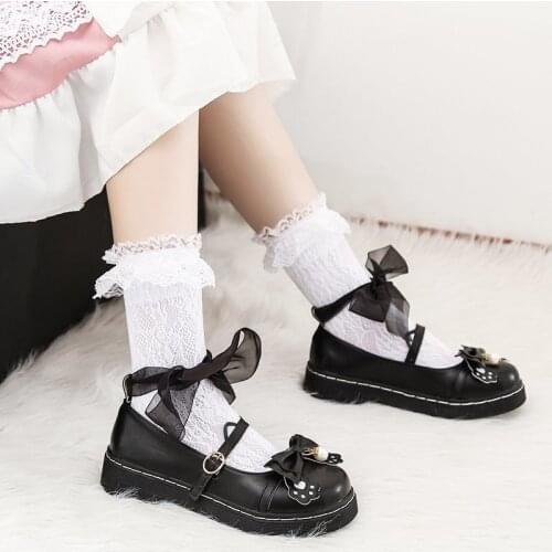Japanese Kawaii Lolita Shoes Soft Girl Flat Mid Heel Jk Uniform Pu Leather Bow Round Head Harajuku Anime Cosplay Gothic Bow Cute