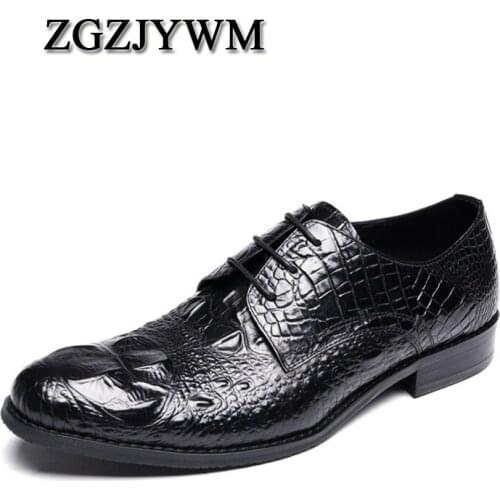 ZGZJYWM Handmad 100% Genuine Leather Crocodile Style Men Oxfod Round Toe Lace-Up Casual Business Men Wedding Dress Shoes