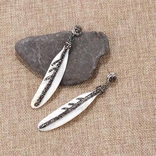 Itenice Natural Pearl Shell Leaf Pendant Earring For Women Bohemian Rhinestone Crystal CZ Beads Feather Earring Jewelry