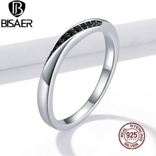 BISAER Simple Geometry Rings 925 Sterling Silver Statement Black Zircon Finger Rings For Women Wedding Jewelry 2020 EFR130