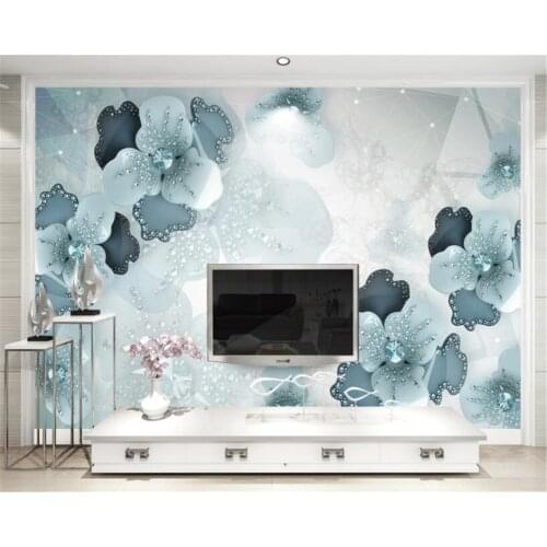 2017 Custom 3D wallpaper Silk material embossed diamond blue flower flower TV background wall decoration painting Beibehang