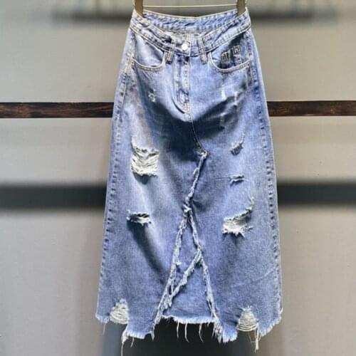 2021 Summer casual hole tassel denim skirt women high wasit a-line jeans skirt