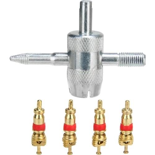 5pcs/set Car Bike 4 Way Tire Valve Repair Tool Set Bicycle Wheel Valve Remover Valve Stem Cores Kit