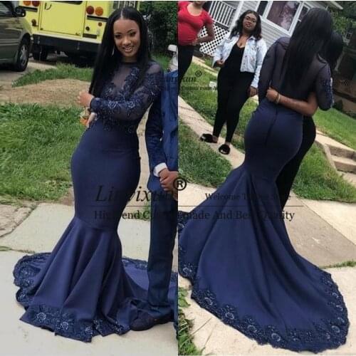 African Nigerian Navy Blue 2020 New Mermaid Prom Dresses Scoop Neck Floor Length Prom Dress Long Evening Dresses