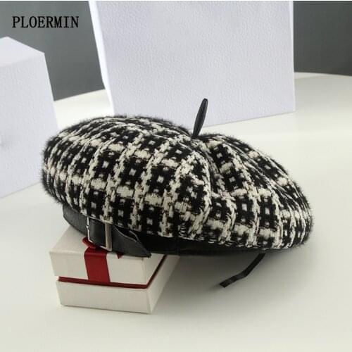 New Women Autumn Winter Plaid Leather Buckle Retro Berets Hat For Female British Fashion Painter Octagonal Hats Casual Caps