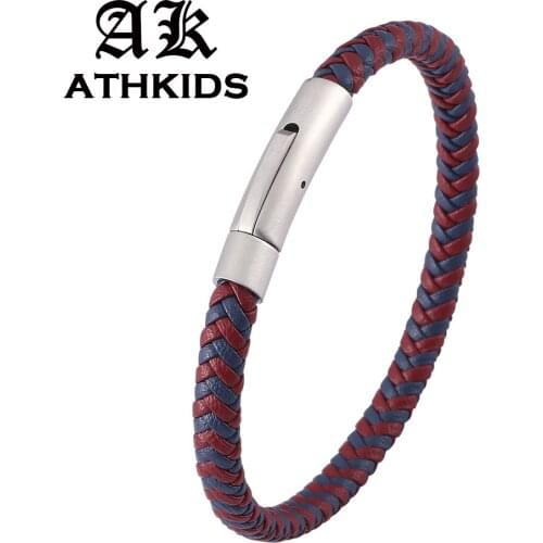 Stainless Steel Snaps Red Blue Leather Mix Braided Bracelets Fashion Unisex Jewelry Weave Bangles Wrist Band Gifts PD0455