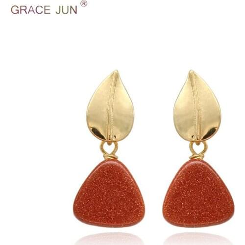 GRACE JUN Korea Style Gold Color Leaf Stone Material Clip on Earrings and Pierced Earrings Elegant Party Wedding Custume Jewelry
