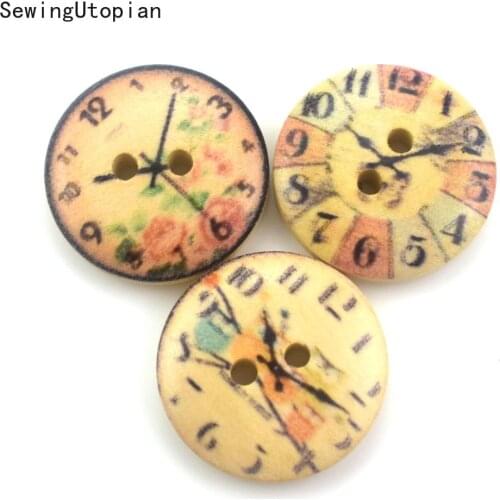 50PCS British Fashion Wood Button Sewing Scrapbooking Random Two Holes Clock Buttons 20MM DIY Clothing Accessories