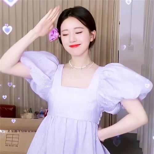 Purple Square Collar Dress Summer 2021 Puff Sleeve Bow Puffy Princess Dress