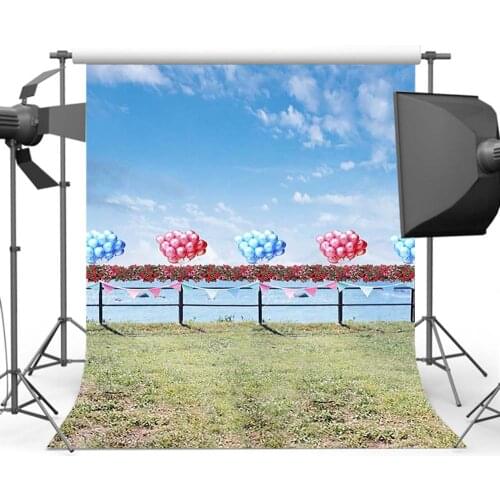 Summer Ocean Background Blue Sky Balloon Green Grass Photography Backdrop for Photo Studio CM-5491