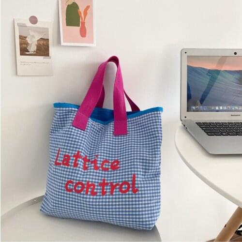 Plaid Portable Lunch Canvas Bag for Women Picnic Food Lunch Bag Large Capacity Small Tote Korean Style Shopping Travel Handbag