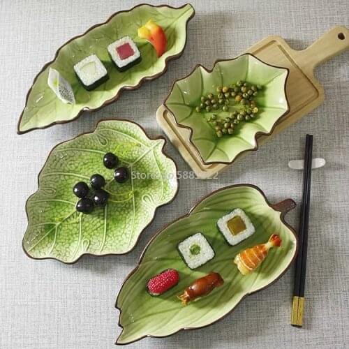 12.5 Inch Creative Ceramic Leaf Fruit Suhi Salad Plate Green Long Square Dish Lotus Dinning Room Large Practical Plate