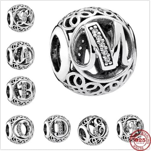 Round 925 Sterling Silver Metal Beads 26 Letters Charm fit Original Pandora charms silver 925 Bracelet Bangle DIY Women Jewelry