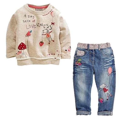 Lovely Kids Baby Girls Long Sleeve Cartoon Tops Jeans Denim Pants Childrens Cute 2Pcs Outfits Set Spring Autumn Clothing Sets