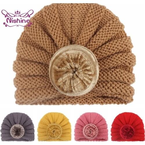 16*12.5 CM Fashion Handmade Knitted Wool Infant Caps Soft Gold Velvet Donut Indian Hats Crochet Baby Headwear Kids Accessories
