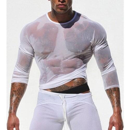 2018 Fashion Mens Slim Fit Long Sleeve Black/White Mesh Sheer T-shirt Transparent Fishnet Tee Tops